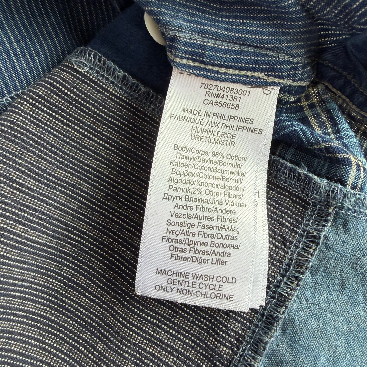 RRL Ralph Lauren (L) Indigo Patchwork Band Collar Button Front Shirt