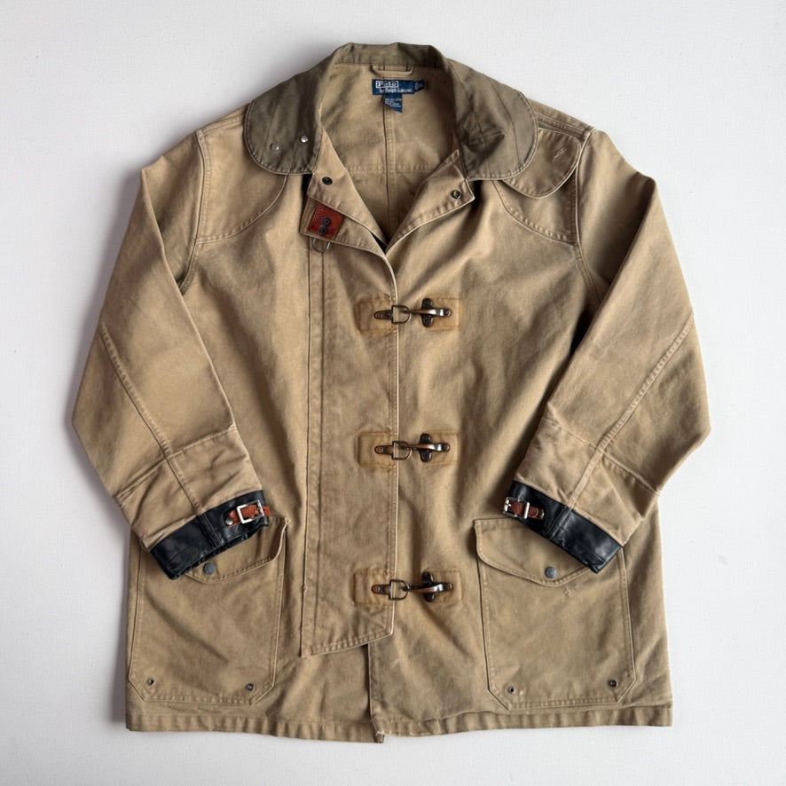 VNTG Polo Ralph Lauren (XL) Sage Fireman Clasp Leather Trim Canvas Coat