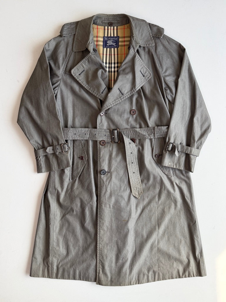 VNTG Burberry (44L) 100% Cotton Gabardine Double Breast Gray Trench Coat