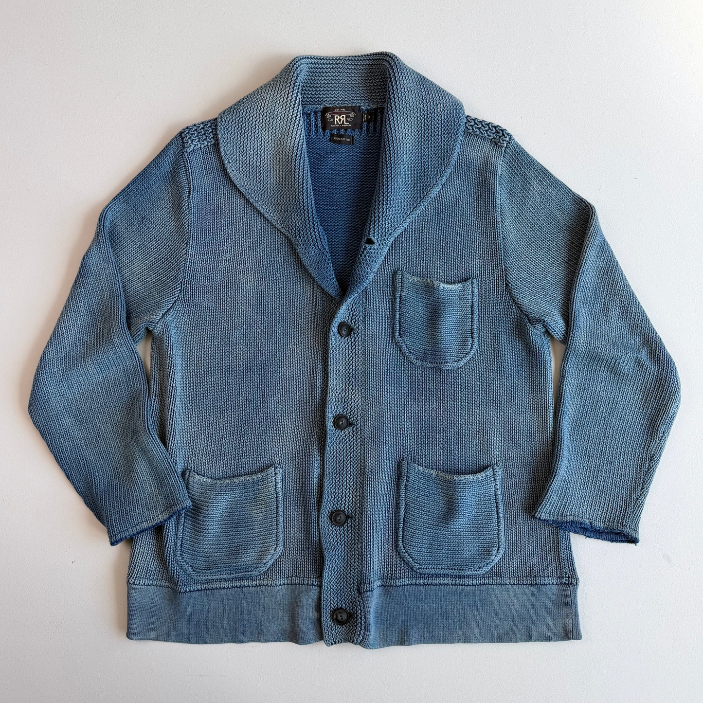 RRL Ralph Lauren (XL) Sun-Faded Indigo Cotton Knit Cardigan Sweater