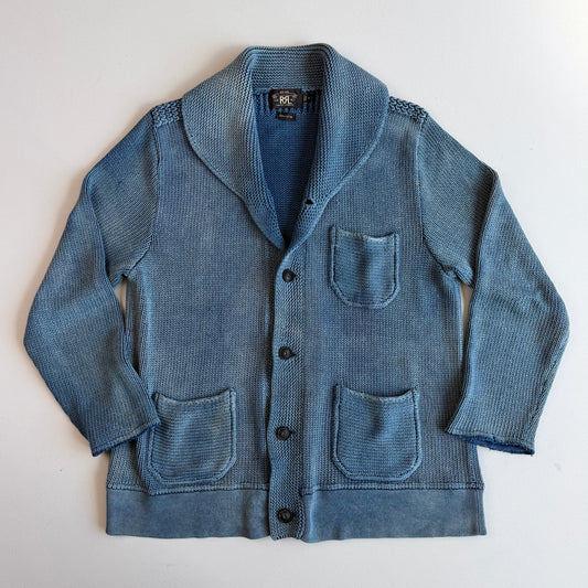 RRL Ralph Lauren (XL) Sun-Faded Indigo Cotton Knit Cardigan Sweater
