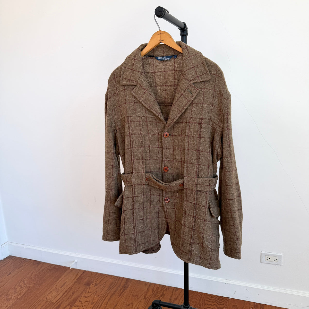 VNTG Polo Ralph Lauren (L) Wool Tweed Olive Windowpane Norfolk Coat Jacket