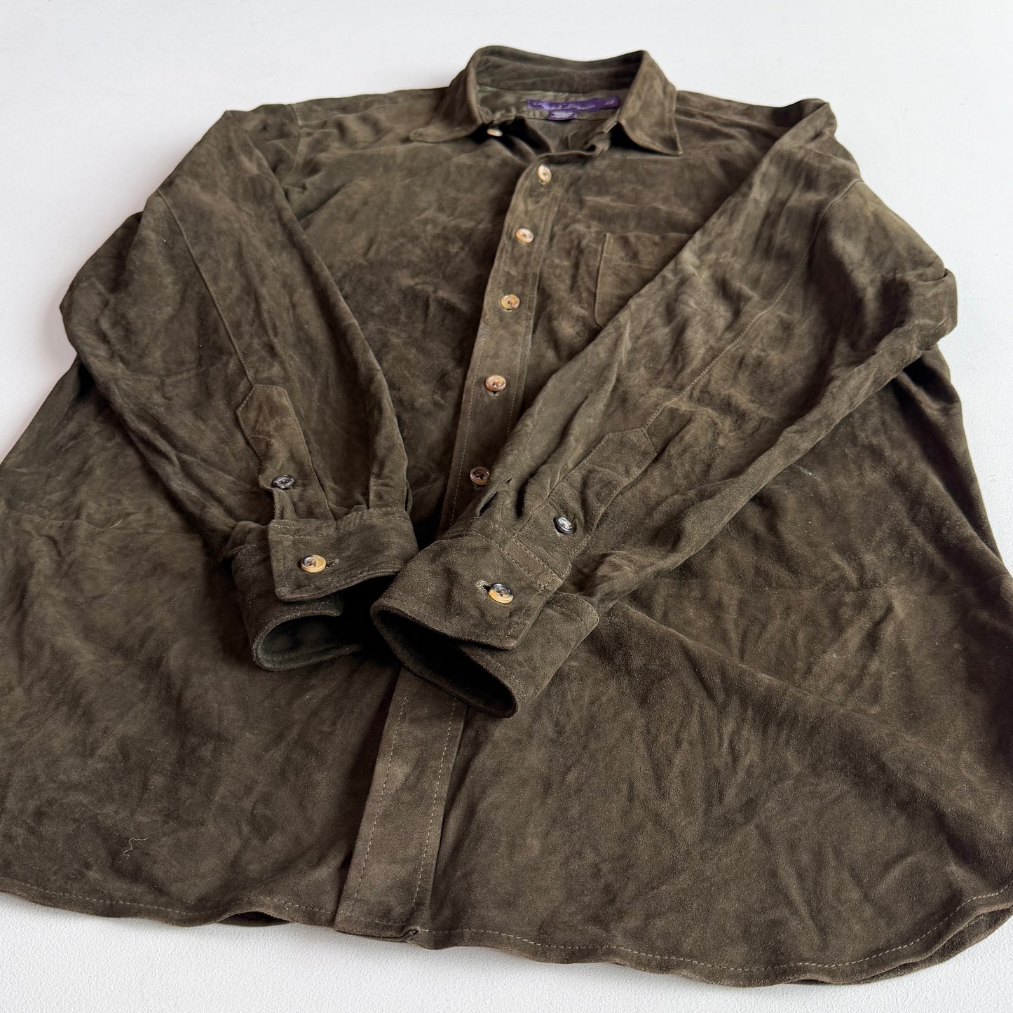 Ralph Lauren Purple Label (L) Olive Green/Brown Goat Suede Leather Shirt