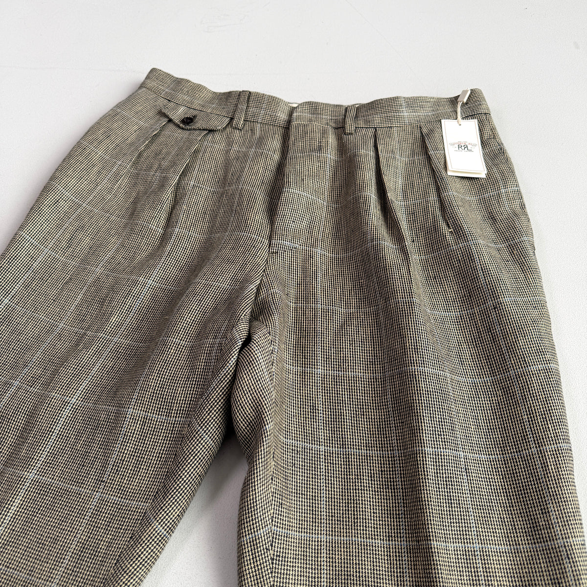 NWT RRL Ralph Lauren (34) 100% Linen Pleated Brown/Gray Blue-Overcheck Trouser Pants