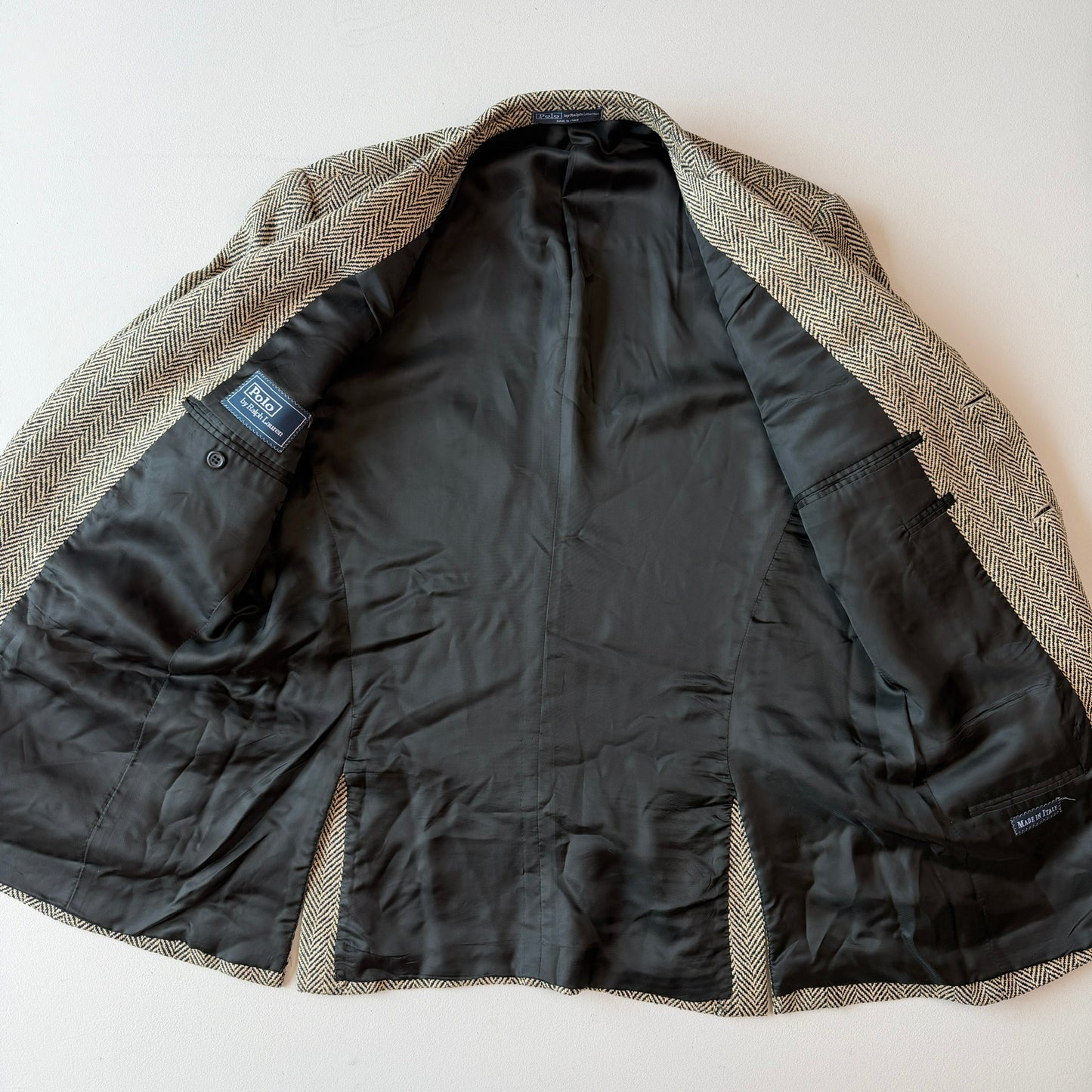 VNTG Polo Ralph Lauren (40R) 100% Silk Herringbone Beige/Black Sports Coat