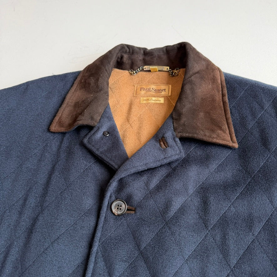 Paul Stuart (XL) 100% Cashmere Quilted Navy Blue Suede Trim Jacket Coat
