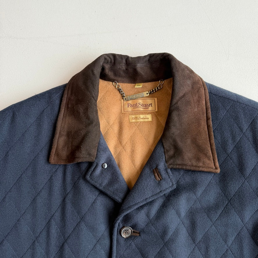 Paul Stuart (XL) 100% Cashmere Quilted Navy Blue Suede Trim Jacket Coat