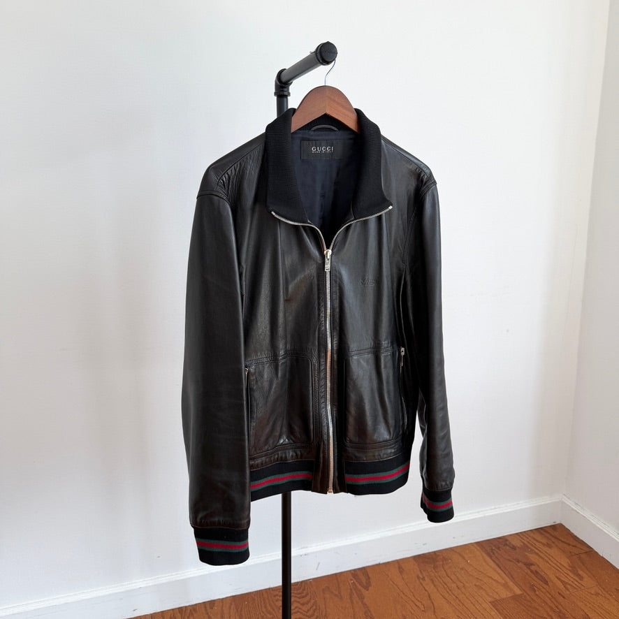 Gucci (58IT /2XL) Black Leather Bomber Style Green/Red Accent Jacket
