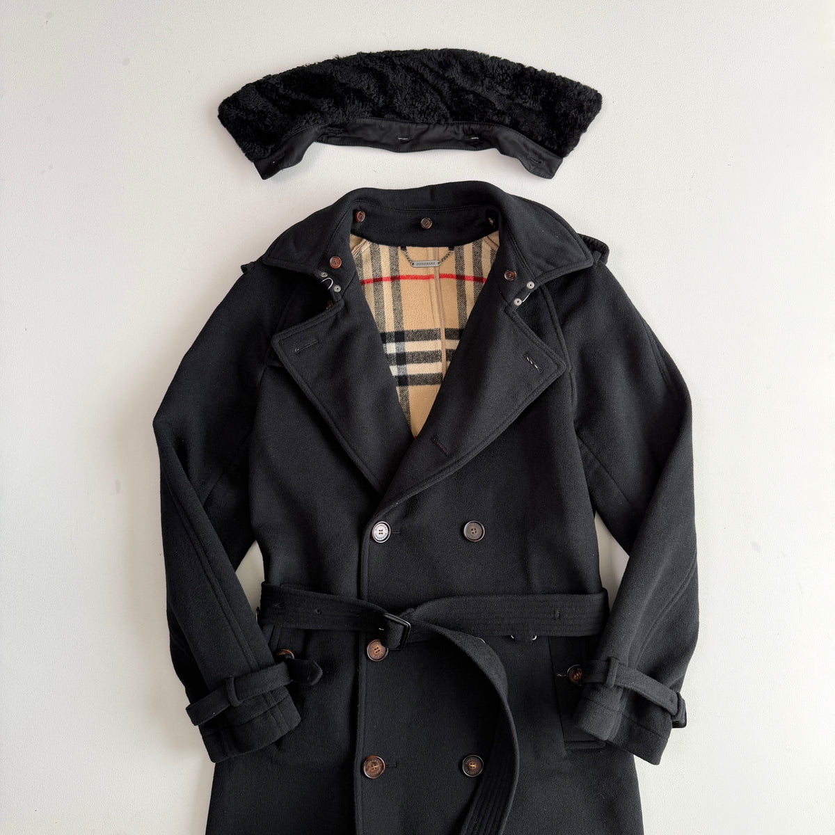 Burberry (50IT) 100% Wool Fleece Collar Double Breast Belted Trench Coat