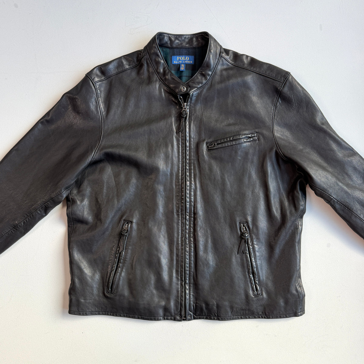 Polo Ralph Lauren (2XL) Midnight Brown Sheep Leather Cafe Racer Motorcycle Jacket