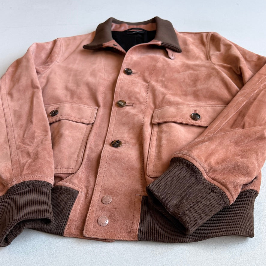 MINT! Tom Ford (50 IT) Blush Clay Calfskin Suede Leather Bomber-Style Jacket
