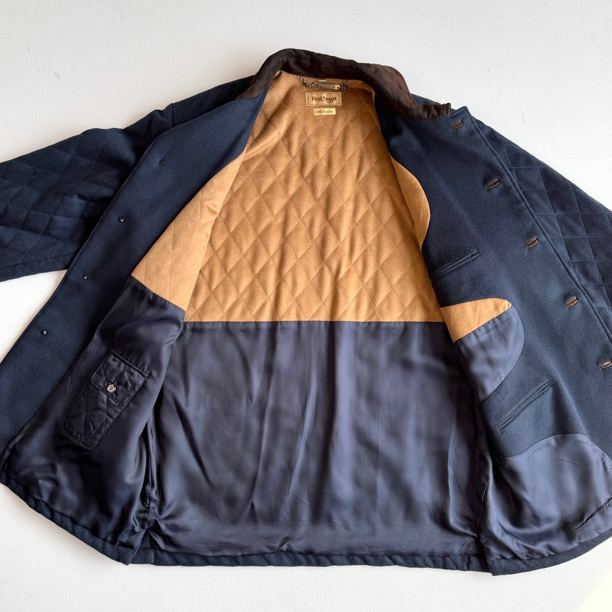 Paul Stuart (XL) 100% Cashmere Quilted Navy Blue Suede Trim Jacket Coat