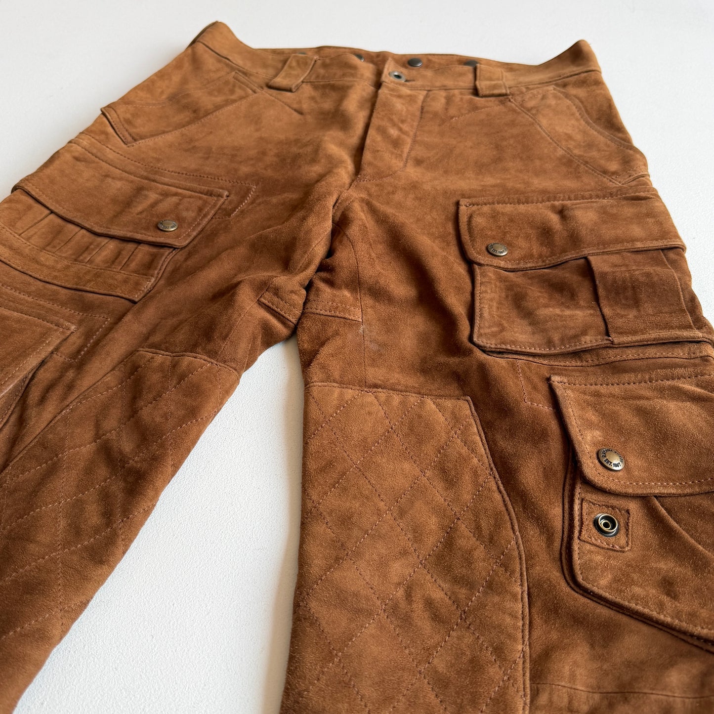 Polo Ralph Lauren (32x30) Suede Leather Cargo Motorcycle Tawny Brown Pants