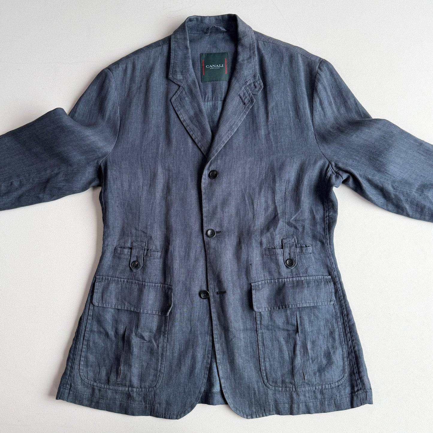 Canali (52 / L) Half-Norfolk 100% Linen Slate Blue Unstructured Sport Coat