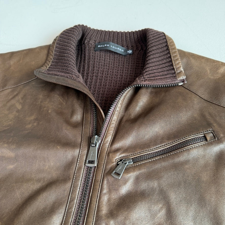 Ralph Lauren Black Label (S) Leather Front Cotton Knit Brown Cardigan Sweater