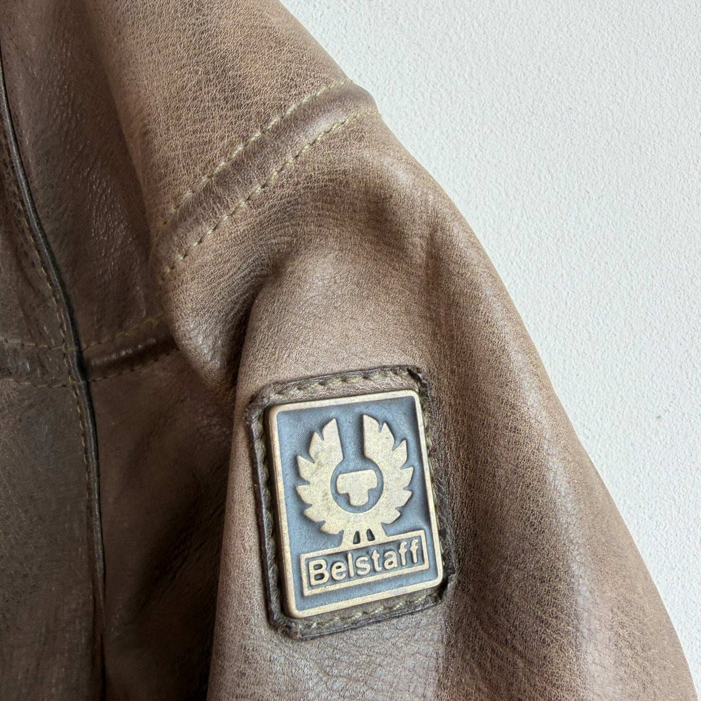 Belstaff Gold Label (L) Taupe Leather Belted Asymmetrical Zip Jacket