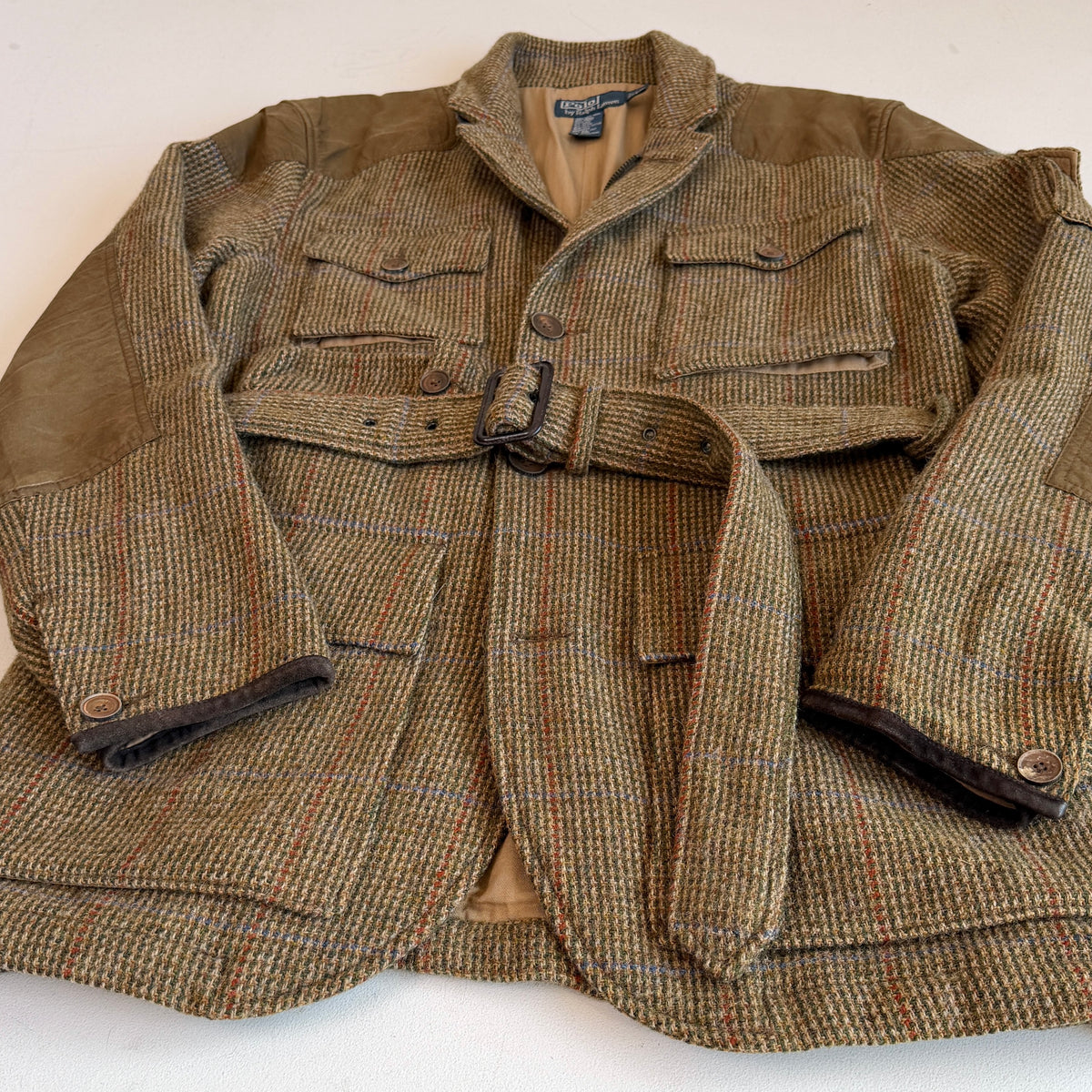Polo Ralph Lauren (42L) Wool Tweed Olive Overcheck Field Belted Sport Jacket Coat