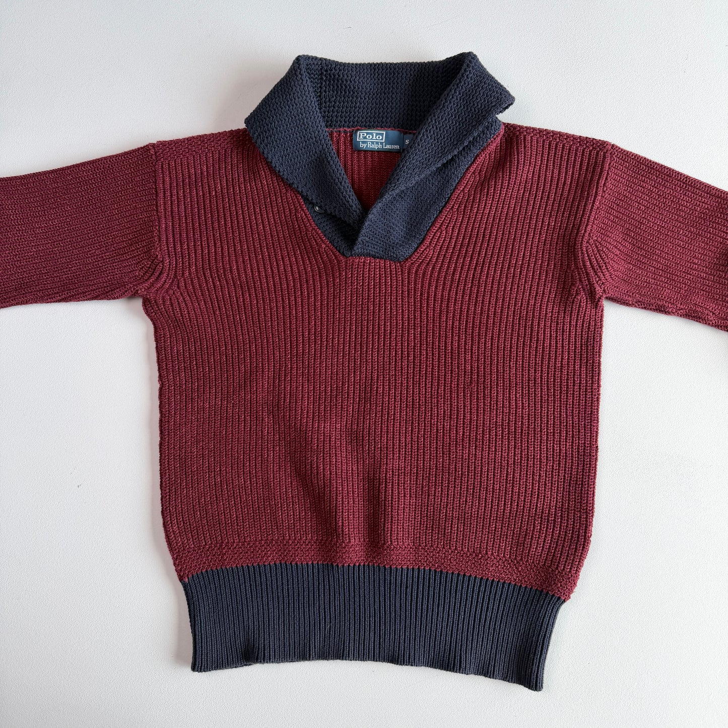 Polo Ralph Lauren (S) 100% Wool Maroon Shawl Collar Rib-Knit Sweater