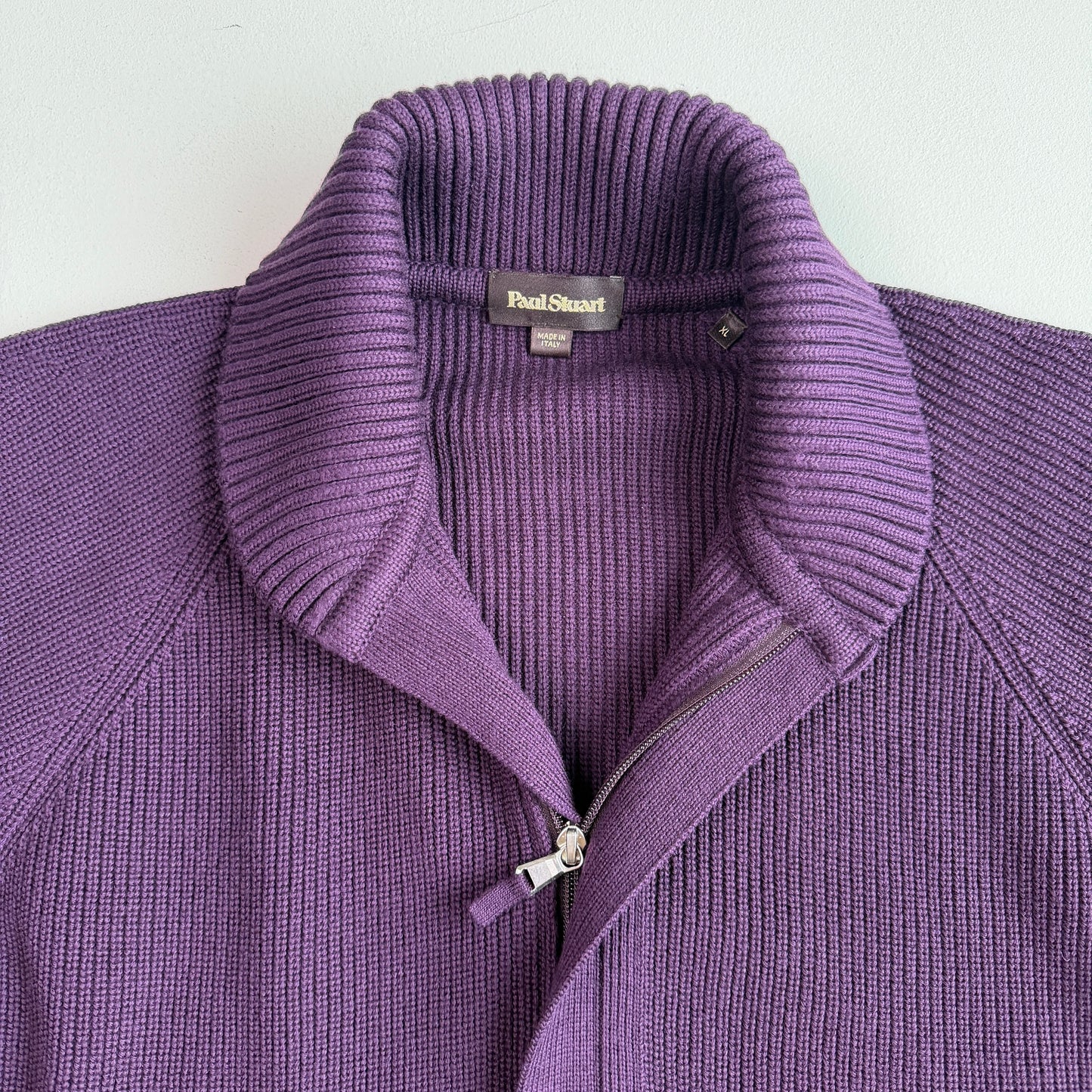 Paul Stuart (XL) Royal Purple Wool Heavy Rib-Knit Zip Sweater Cardigan
