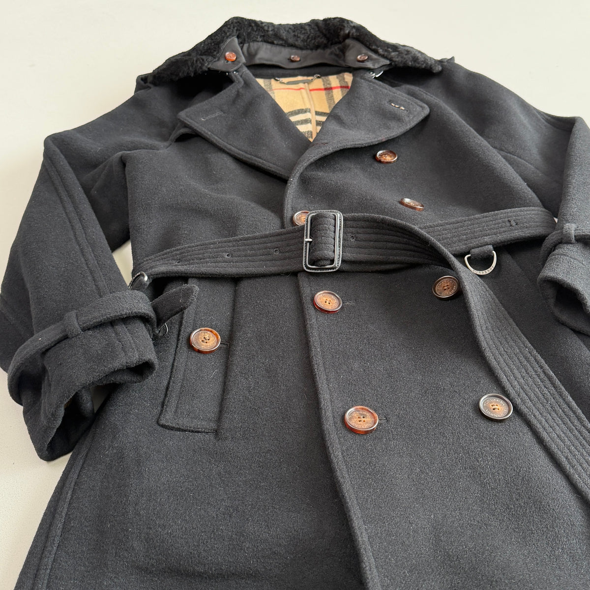 Burberry (50IT) 100% Wool Fleece Collar Double Breast Belted Trench Coat