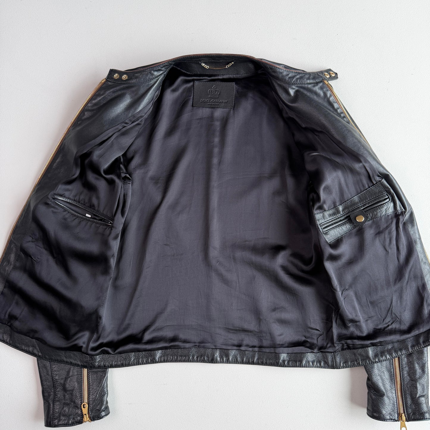 Dolce & Gabbana (48IT / M) Black Leather Brass Zipper Cafe Racer Jacket