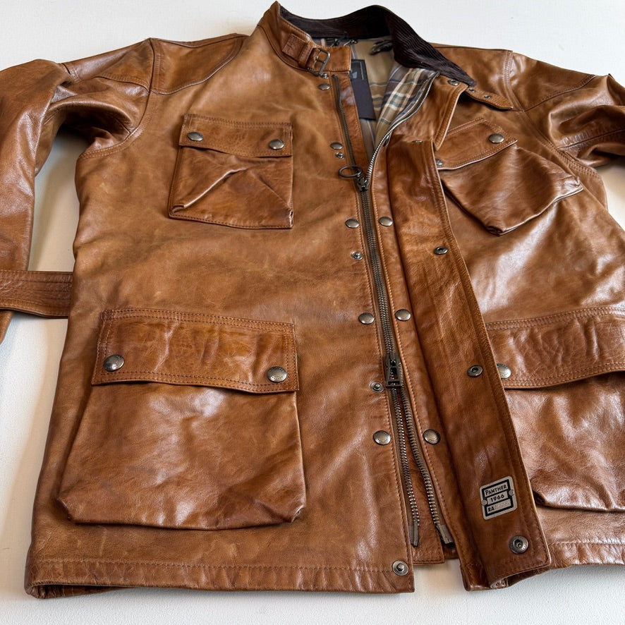 NWT Belstaff (58IT / 2XLT) Panther Cognac Four Pocket Leather Motorcycle Jacket
