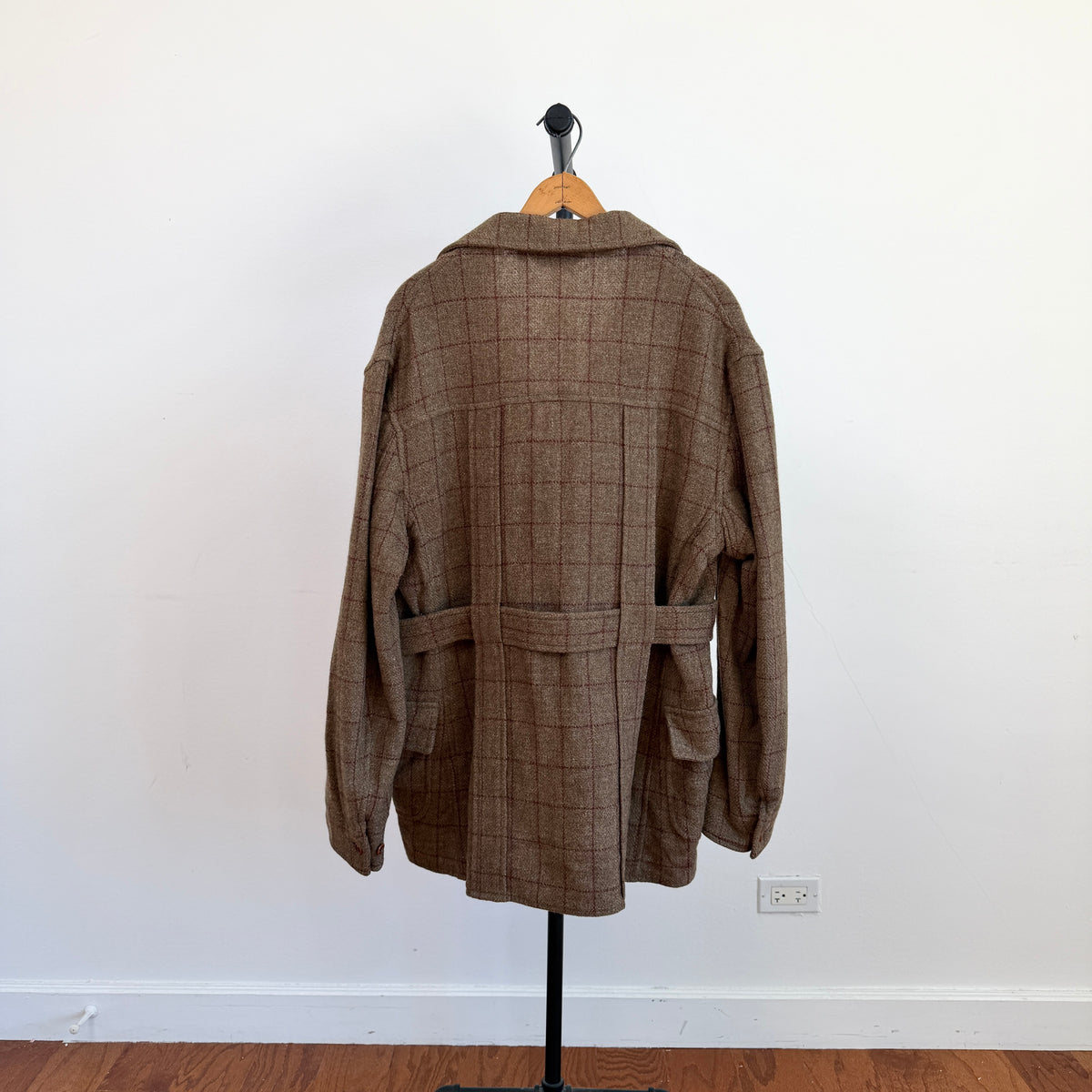 VNTG Polo Ralph Lauren (L) Wool Tweed Olive Windowpane Norfolk Coat Jacket