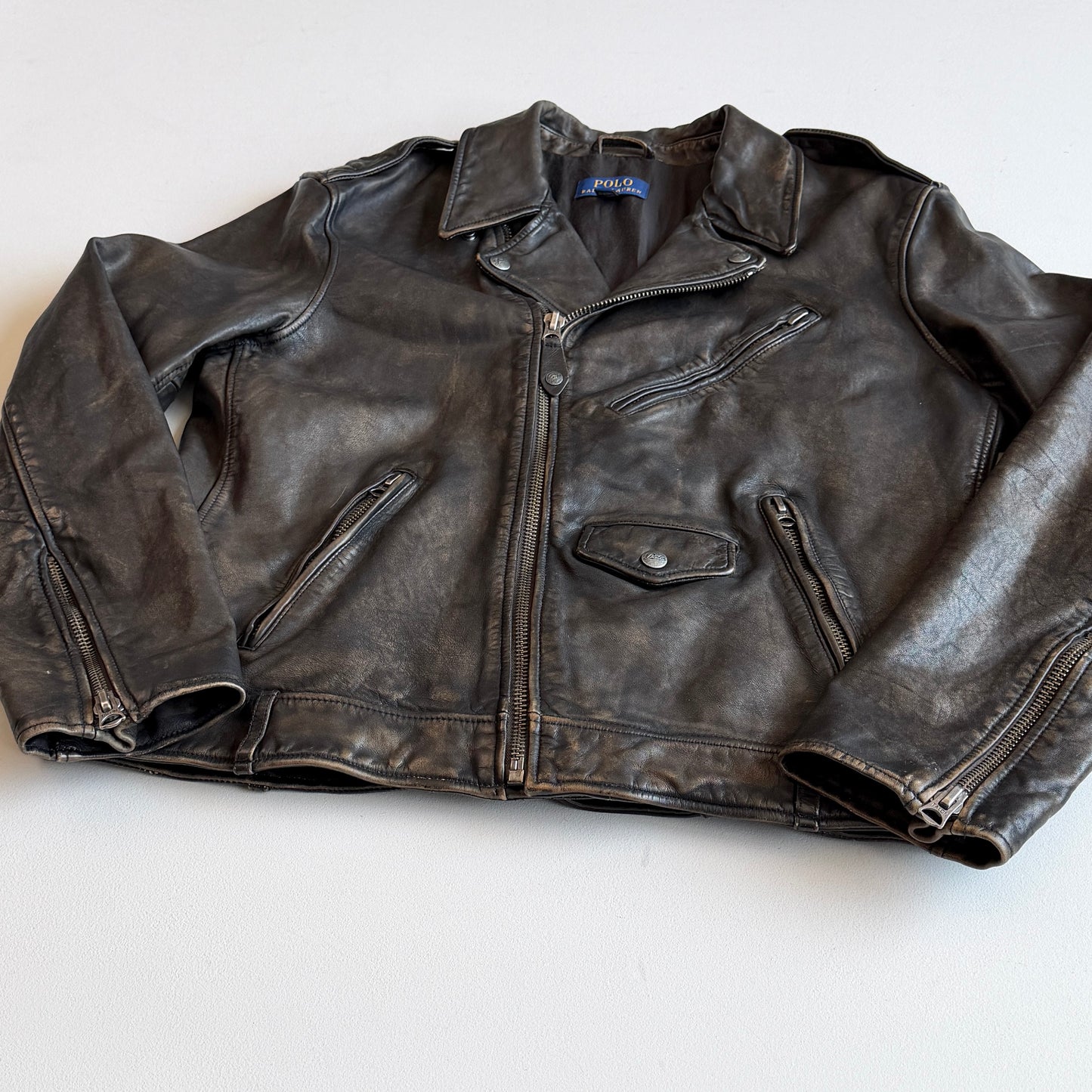 MINT! Polo Ralph Lauren (L) Bronze Leather Horizontal Zip Motorcycle Jacket