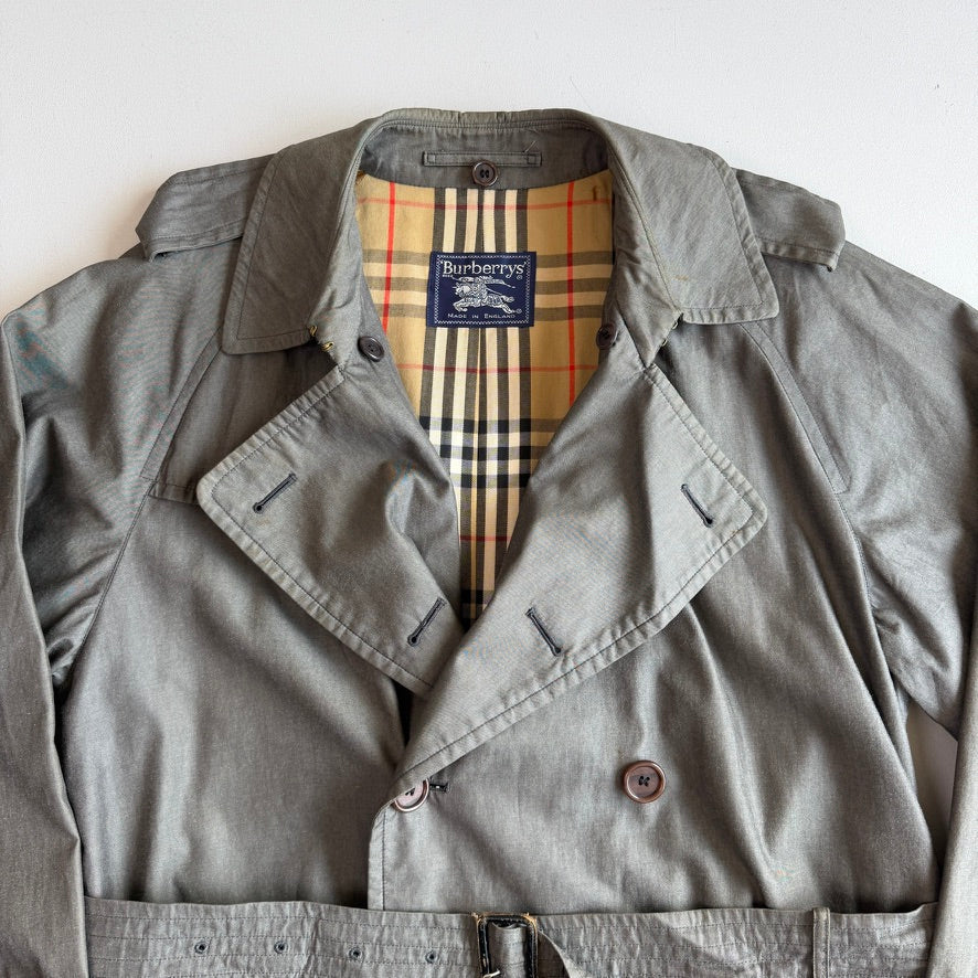 VNTG Burberry (44L) 100% Cotton Gabardine Double Breast Gray Trench Coat
