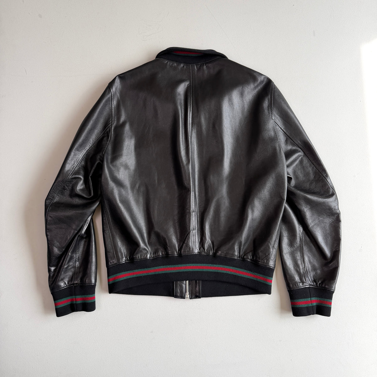 Gucci (58IT /2XL) Black Leather Bomber Style Green/Red Accent Jacket