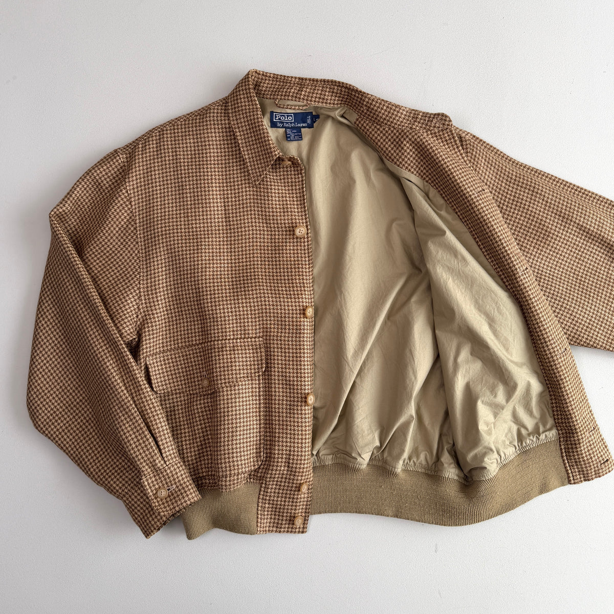 VNTG Polo Ralph Lauren (L) 100% Linen Houndstooth Button Bomber-Style Jacket