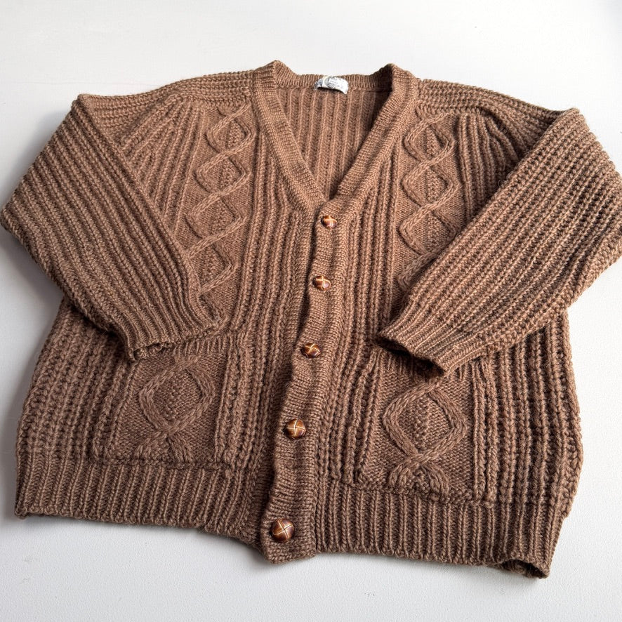 VNTG Orvis (L) Wool Diamond Cable Orinate Fisherman Cardigan Sweater