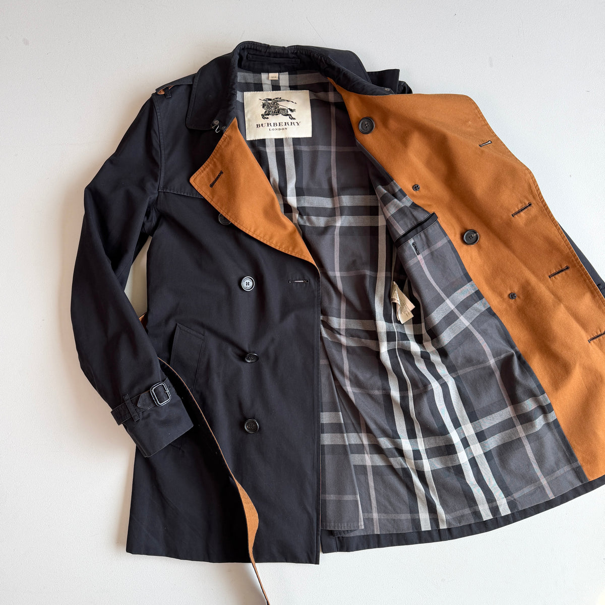 Burberry (38R / 48IT) 100% Cotton Gabardine Contrast Black Trench Coat