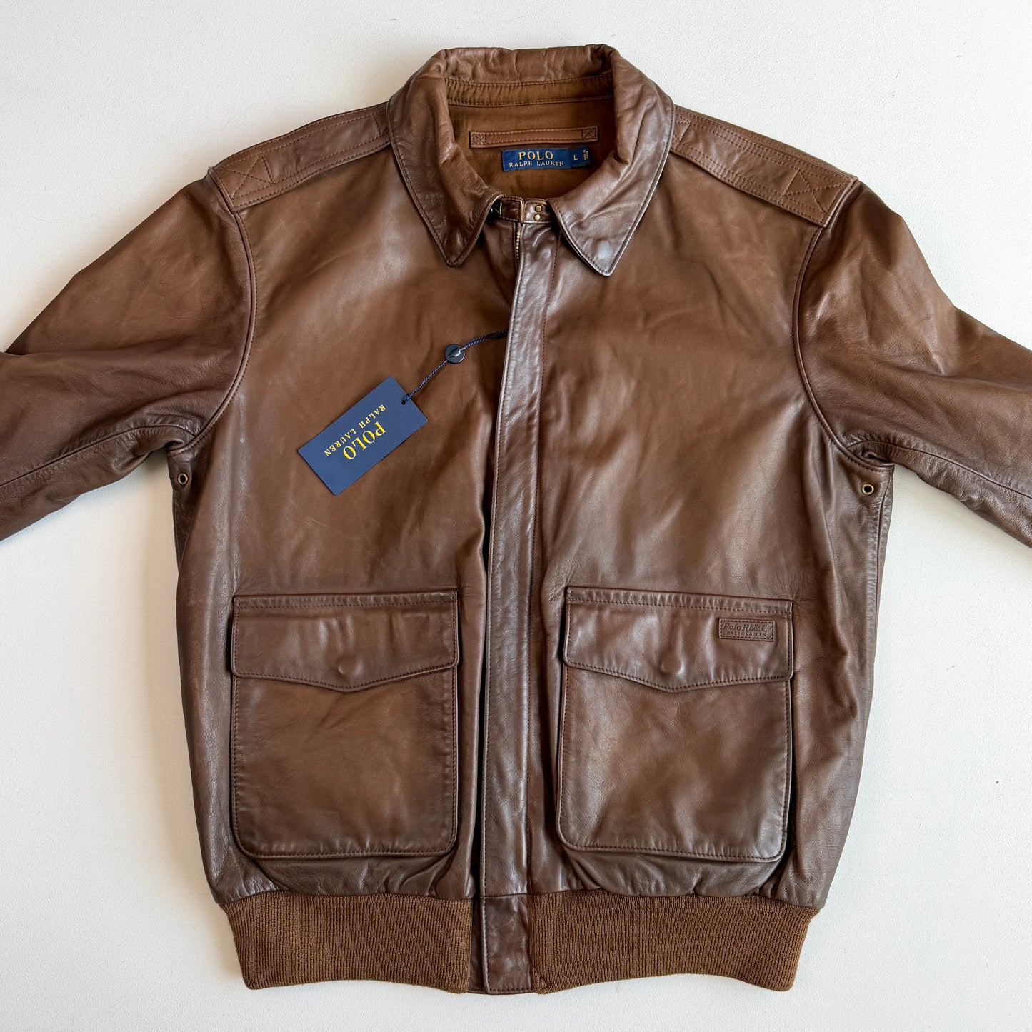 NWT Polo Ralph Lauren (L) A2 Bomber Farrington Leather Brown Jacket