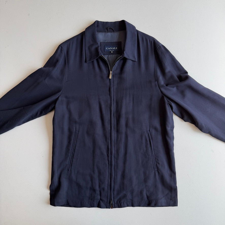 Canali (56 / 46L) 100% Silk Navy Blue Full Zip Tailored Harrington Jacket