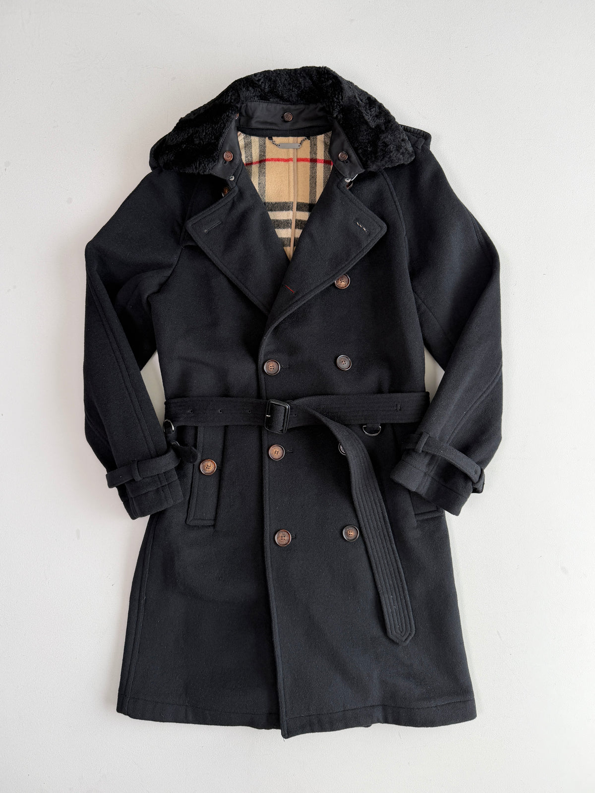 Burberry (50IT) 100% Wool Fleece Collar Double Breast Belted Trench Coat