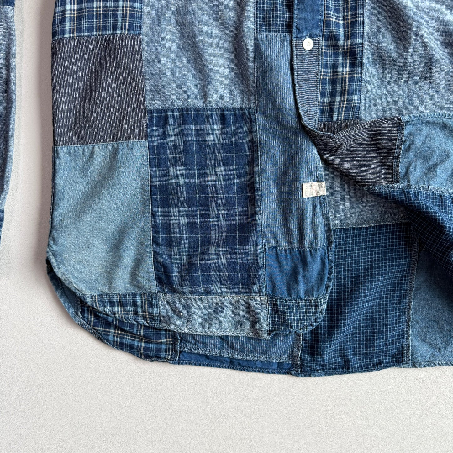 RRL Ralph Lauren (L) Indigo Patchwork Band Collar Button Front Shirt
