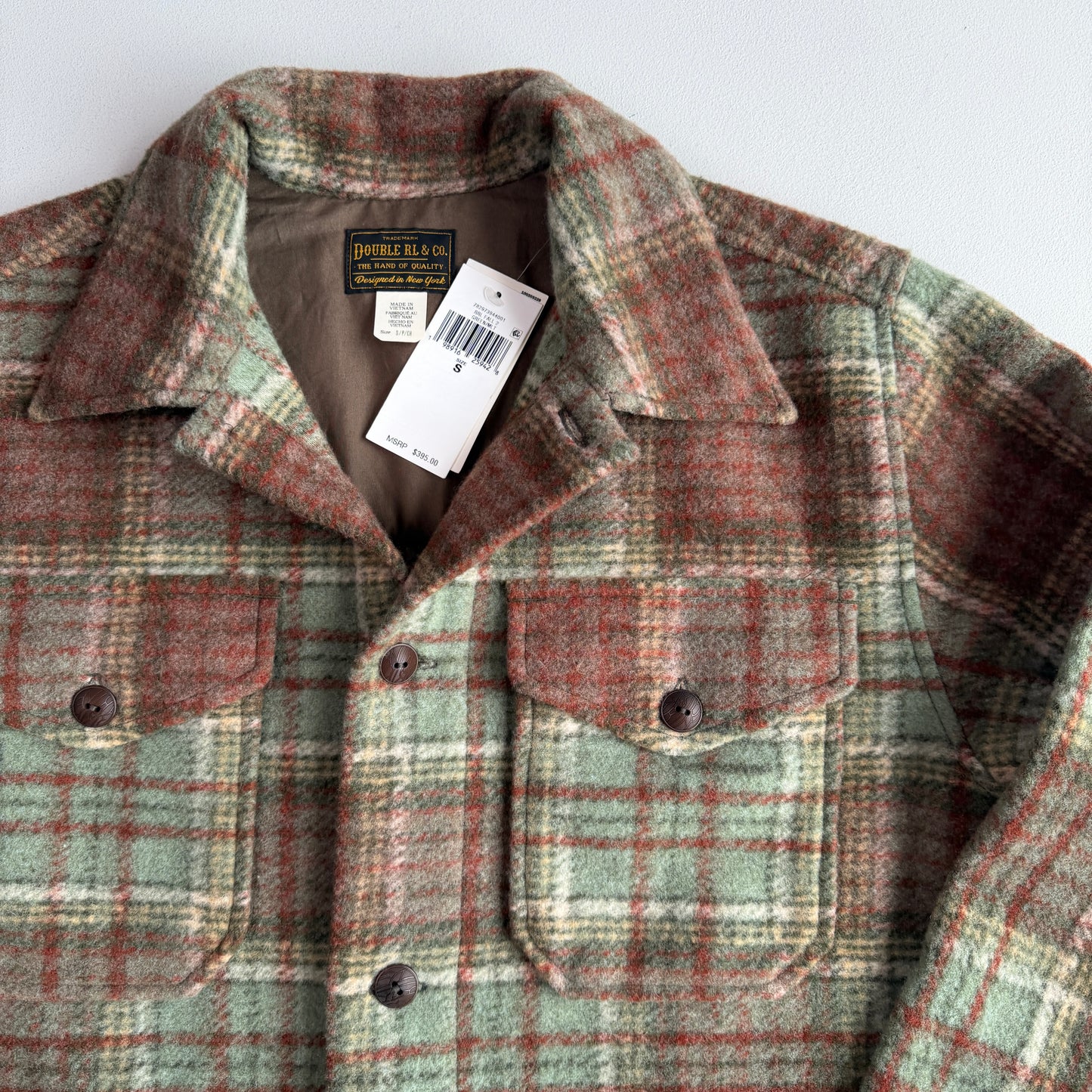NWT RRL Ralph Lauren (S) Wool Blend Sage/Maroon Plaid Fleece Overshirt