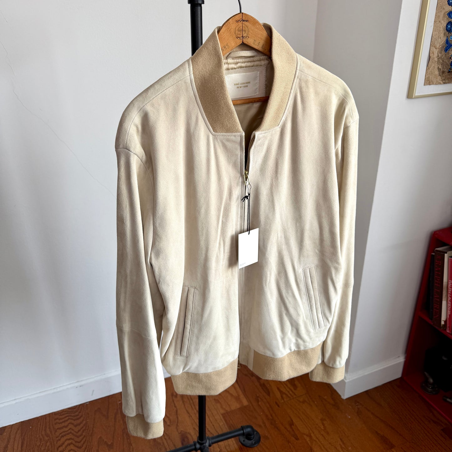 NWT Aime Leon Dore (L) Goat Suede Leather Bone White Bomber Jacket (Copy)