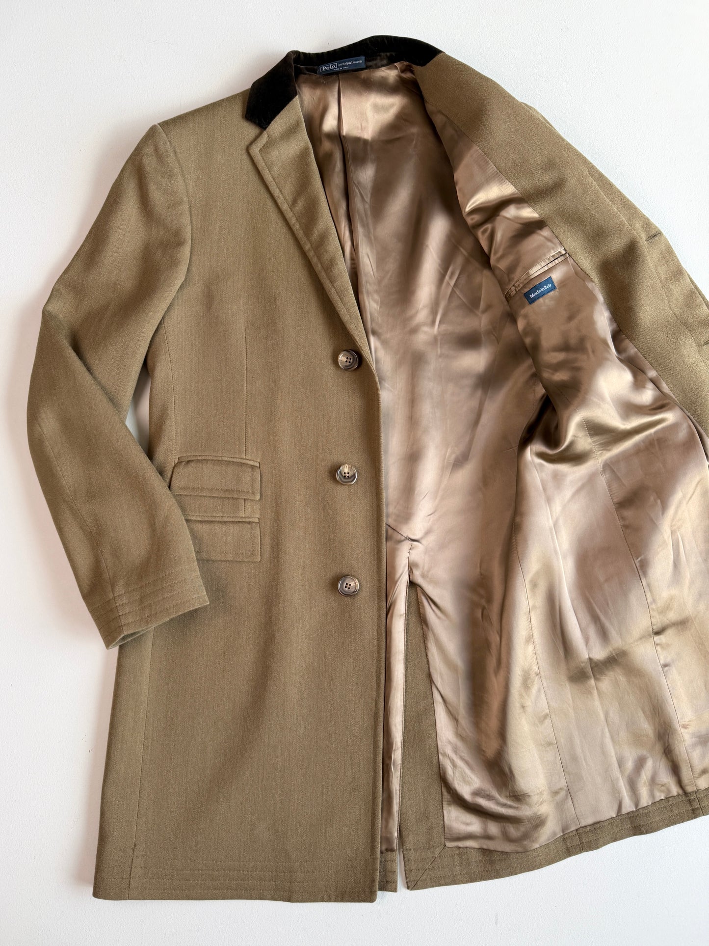 Polo Ralph Lauren (44R) Velvet Collar Wool Woven Covert Fawn Topcoat