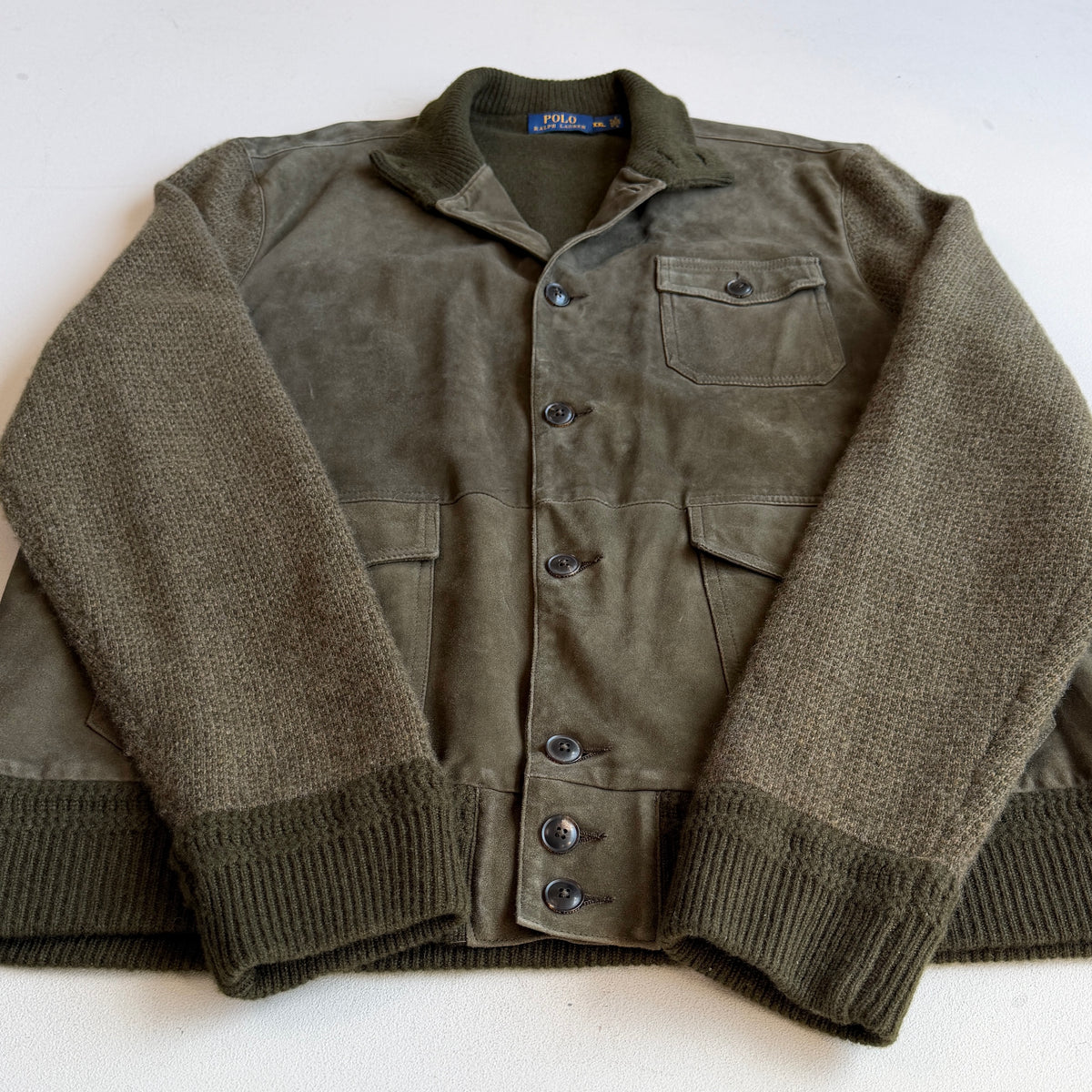 Polo Ralph Lauren (2XL) Suede Leather Front Wool/Cashmere Button Jacket Cardigan