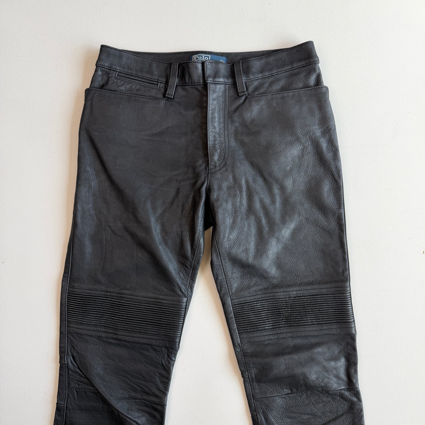 Polo Ralph Lauren (30/31 x 32/33) Leather Motorcycle Ribbed Thigh Black Pants