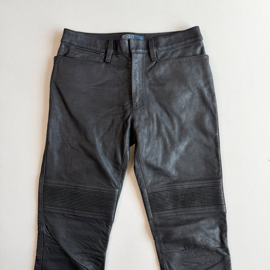 Polo Ralph Lauren (30/31 x 32/33) Leather Motorcycle Ribbed Thigh Black Pants