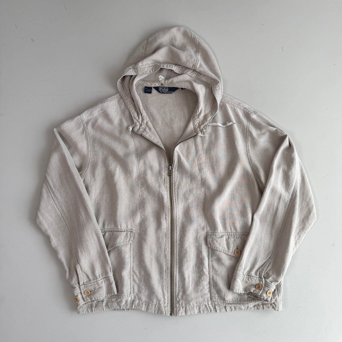 VNTG Polo Ralph Lauren (L) 100% Linen Almond-Color Zip Hooded Jacket