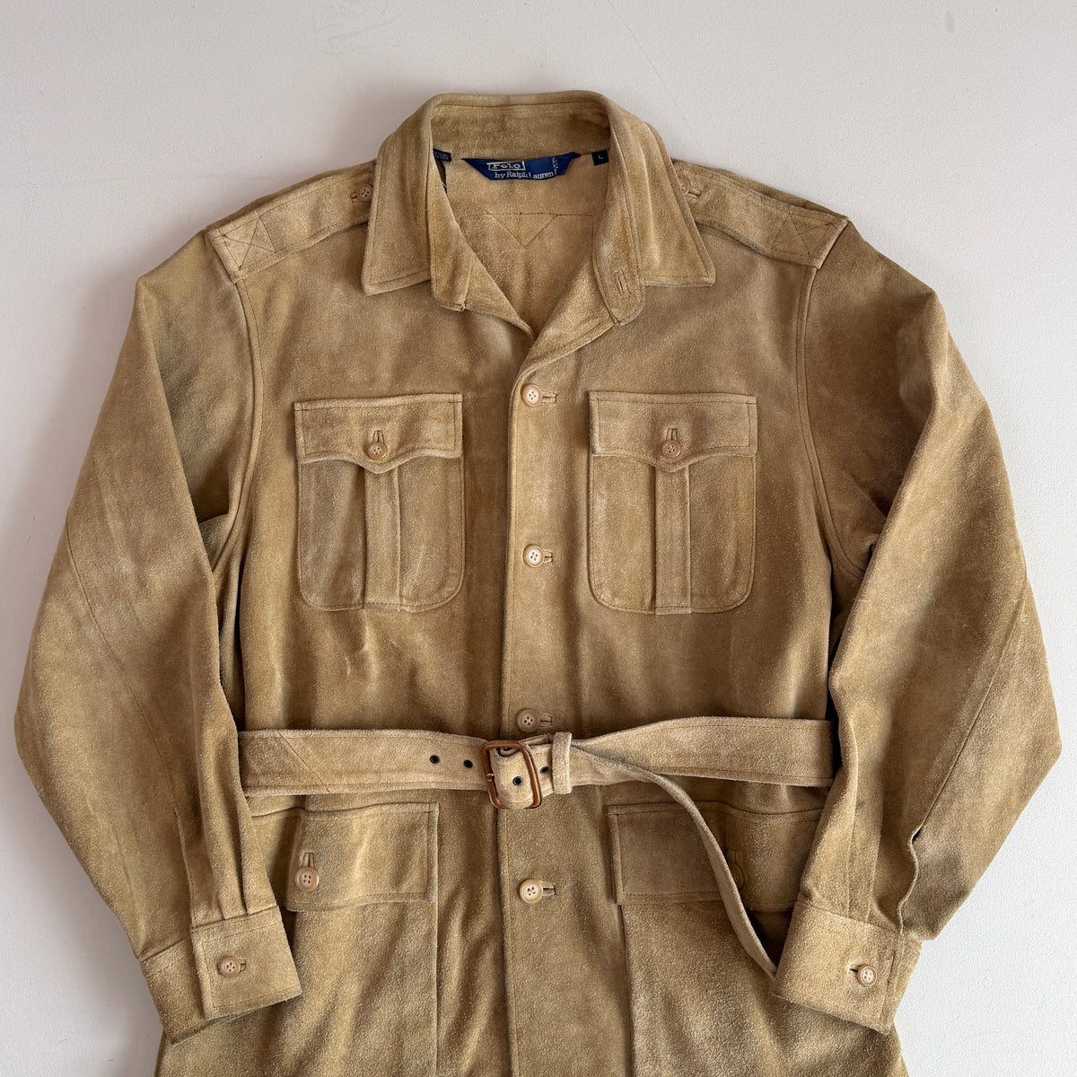 VNTG Polo Ralph Lauren (L) Rugged Suede Leather Khaki Safari Coat
