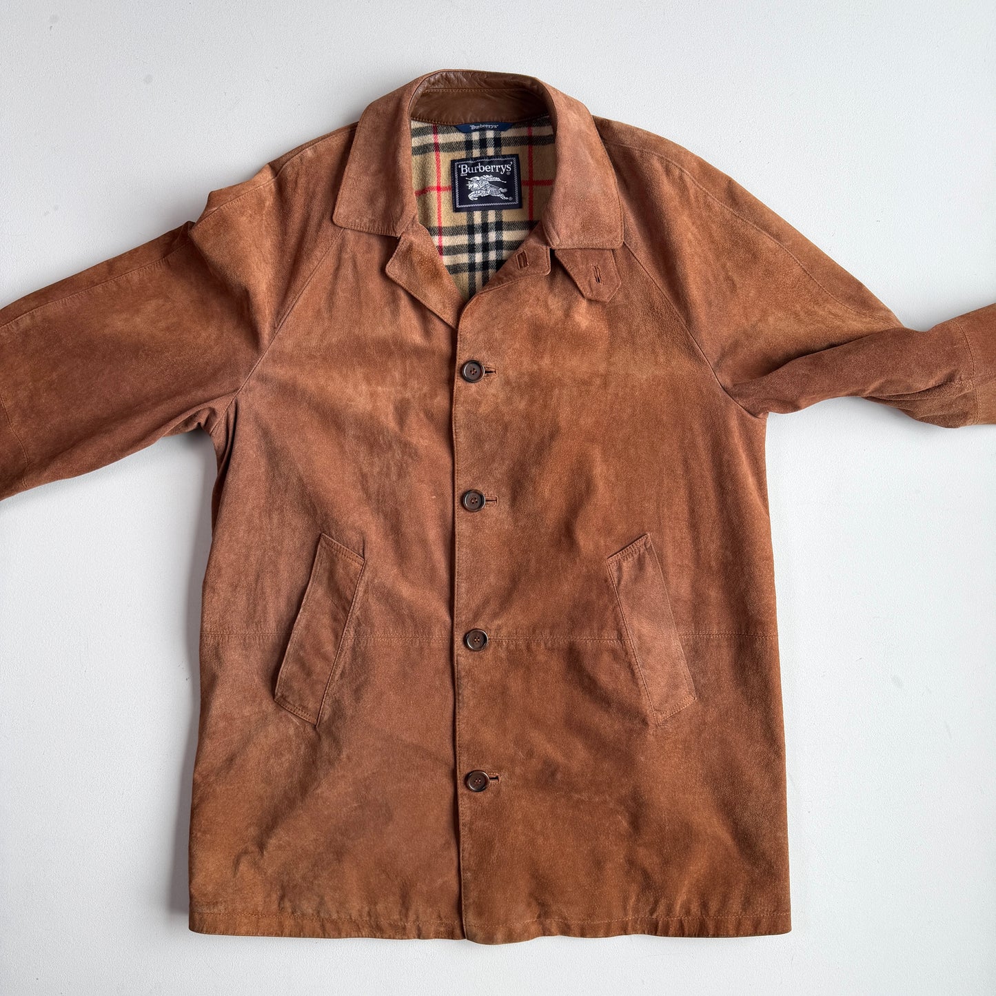 Burberry (52 /54) Suede Nova Check Raglan Balmacaan Leather Coat