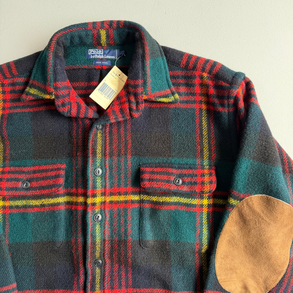 NWT VNTG Polo Ralph Lauren (L) 100% Wool Plaid Suede Elbow Overshirt