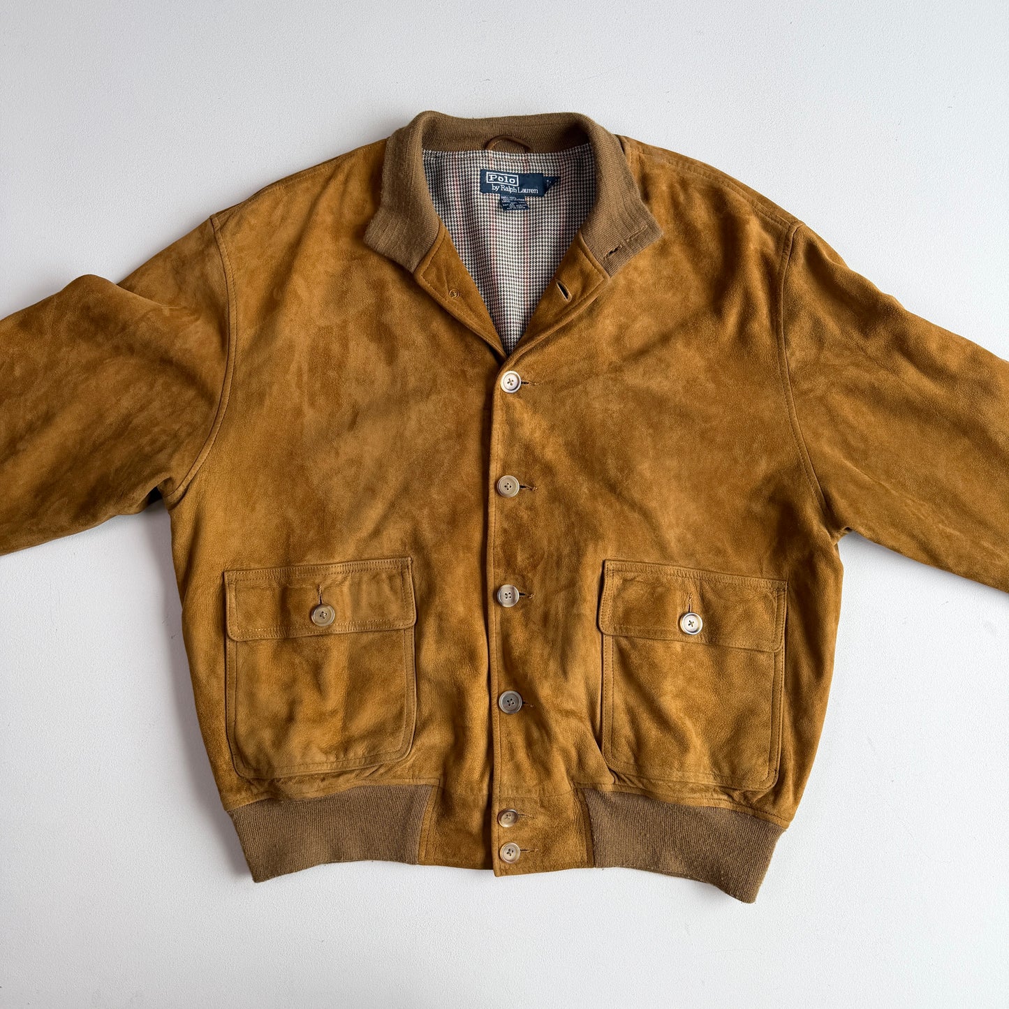 Polo Ralph Lauren (XL) Mustard Brown Suede Leather Button Bomber Jacket