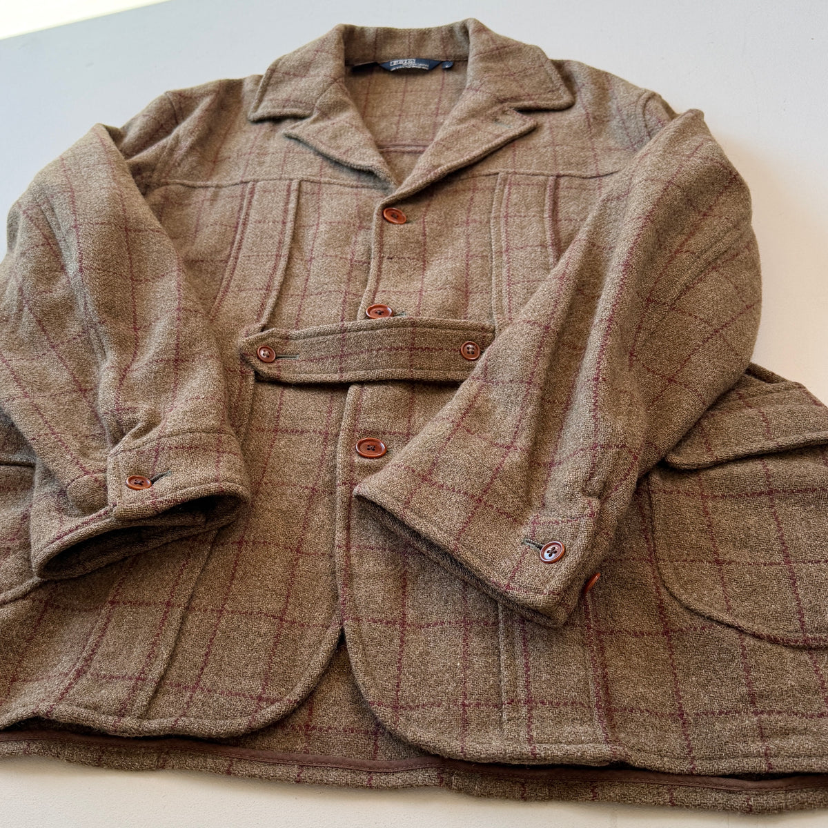 VNTG Polo Ralph Lauren (L) Wool Tweed Olive Windowpane Norfolk Coat Jacket