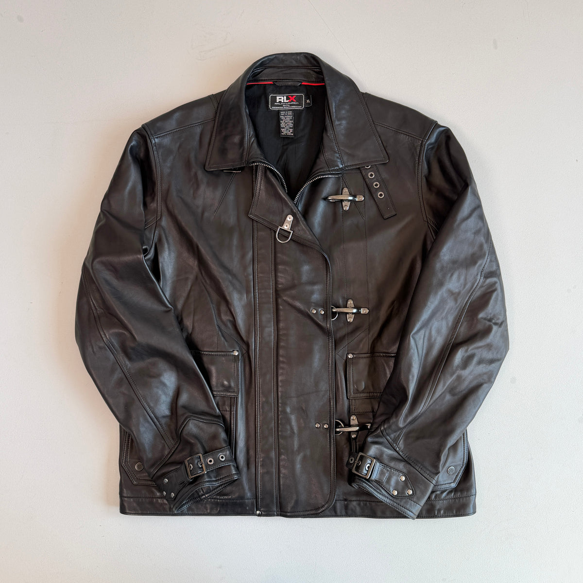 Ralph Lauren RLX (XL) Glove-Soft Leather Fireman Clasp Black Jacket